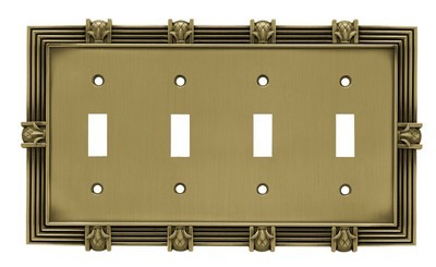 Liberty Hardware 64471, Quad Switch Wall Plate, Tumbled Antique Brass, Pineapple