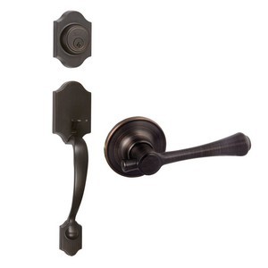 Design House 702118 Sussex 2-Way Latch Handle Set with Ironwood Entry Door Handle, Brushed Bronze