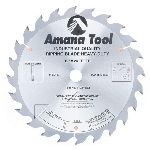 Amana Tool 712240 Carbide Tipped Heavy-Duty Ripping 12 Inch dia. x 24T FT, 18 Deg, 1 Inch Bore