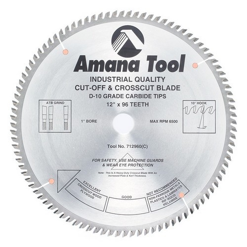 Amana Tool 712960 Carbide Tipped HD Cut-Off &amp; Crosscut 12 Inch dia. x 96T ATB, 10 Deg, 1 Inch Bore