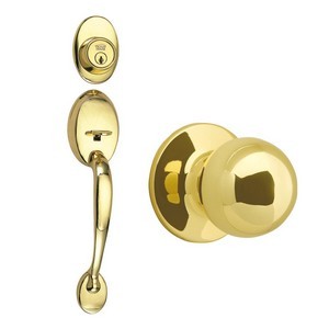 Design House 740902 Coventry 2-Way Latch Entry Handle Set with Round Knob, Keyway &amp; Door Handle, Polished Brass