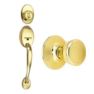 Design House 740910 Coventry 2-Way Latch Entry Handle Set with Tulip Knob, Keyway &amp; Door Handle, Polished Brass