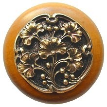 Notting Hill NHW-702M-AB, Gingko Berry Wood Knob in Antique Brass /Maple Wood, Leaves