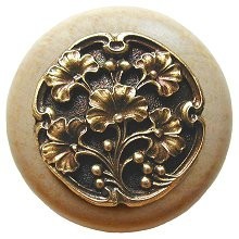 Notting Hill NHW-702N-AB, Gingko Berry Wood Knob in Antique Brass /Natural Wood, Leaves