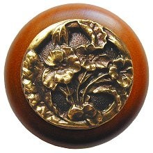 Notting Hill NHW-704C-AB, Hibiscus Wood Knob in Antique Brass /Cherry Wood, Floral