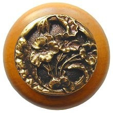 Notting Hill NHW-704M-AB, Hibiscus Wood Knob in Antique Brass /Maple Wood, Floral