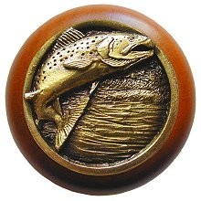 Notting Hill NHW-708C-AB, Leaping Trout Wood Knob in Antique Brass /Cherry Wood, Great Outdoors