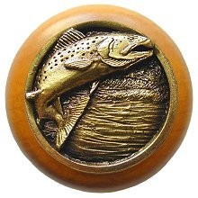 Notting Hill NHW-708M-AB, Leaping Trout Wood Knob in Antique Brass /Maple Wood, Great Outdoors