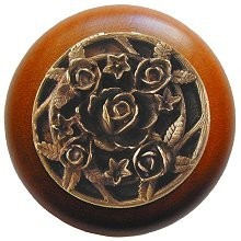 Notting Hill NHW-726C-AB, Saratoga Rose Wood Knob in Antique Brass/Cherry Wood, Floral