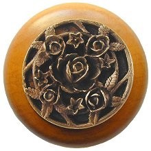 Notting Hill NHW-726M-AB, Saratoga Rose Wood Knob in Antique Brass/Maple Wood, Floral