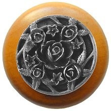 Notting Hill NHW-726M-AP, Saratoga Rose Wood Knob in Antique Pewter/Maple Wood, Floral