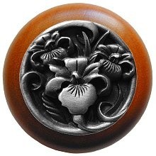 Notting Hill NHW-728C-AP, River Iris Wood Knob in Antique Pewter/Cherry Wood, Floral