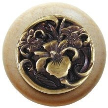 Notting Hill NHW-728N-AB, River Iris Wood Knob in Antique Brass/Natural Wood, Floral