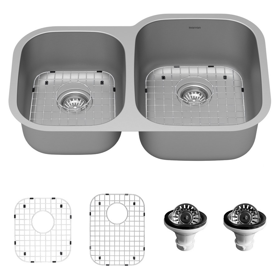 Profile 32" Undermount Double Bowl Kitchen Sink Kit 18 Gauge Stainless Steel Karran PU23L-PK1