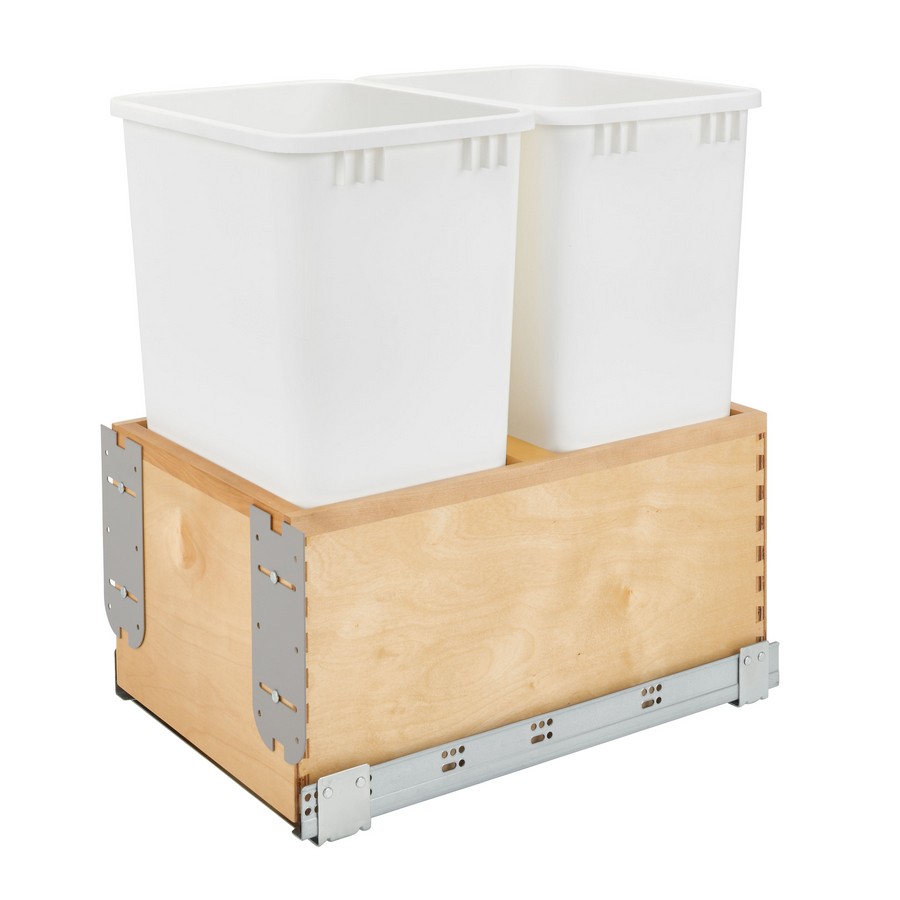 Double 50 Quart Bottom Mount Waste Container with Soft Close and Wood Carriage WE Preferred SZWWB250WH