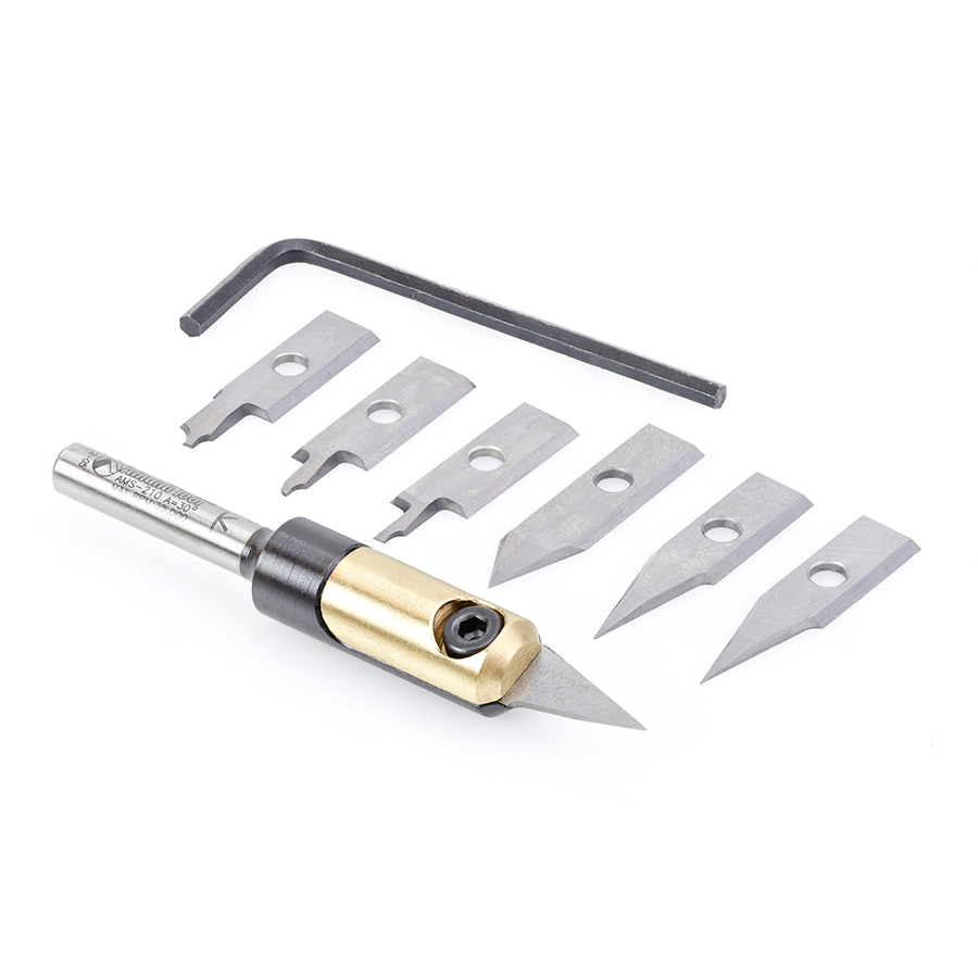 8-Piece In-Groove Insert Engraving Tool Body & Knives 1/4 Inch Shank Set Amana Tool AMS-210