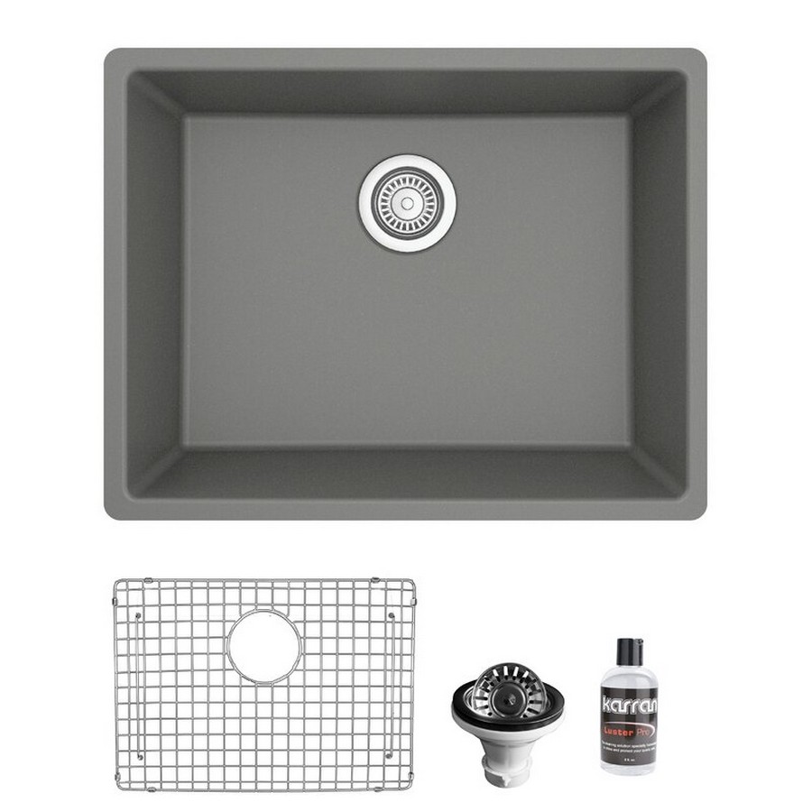 24-3/8" Undermount Single Bowl Quartz Kitchen Sink Kit Gray Karran QU-820-GR-PK1
