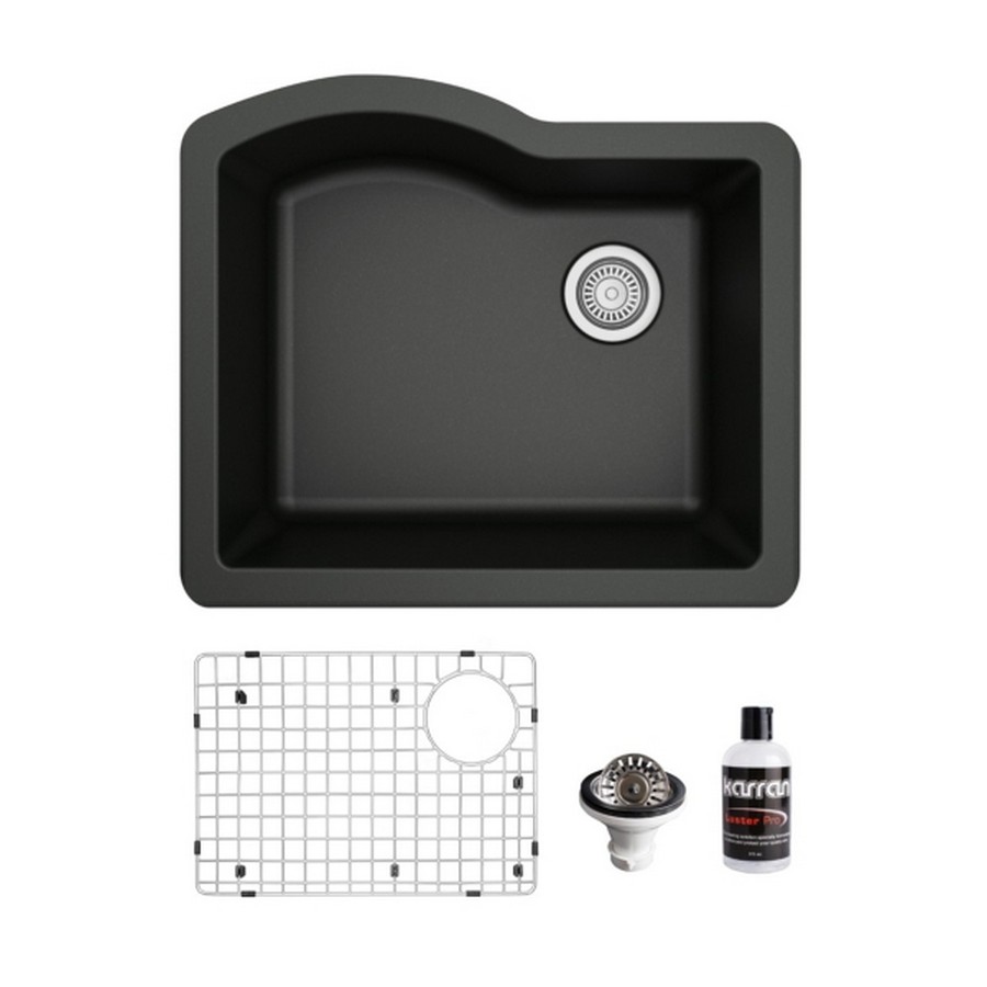 Undermount Quartz Composite 24" Single Bowl Kitchen Sink Kit Black Karran QU-671-BL-PK1