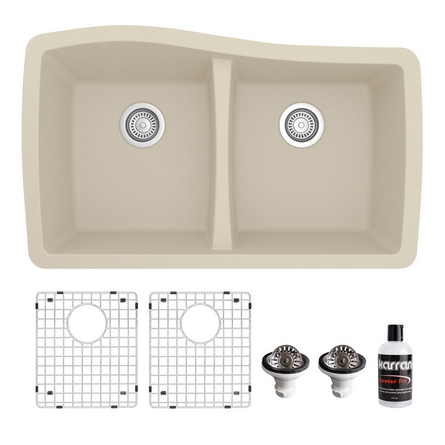Undermount Quartz Composite 33" 50/50 Double Bowl Kitchen Sink Kit Bisque Karran QU-720-BI-PK1
