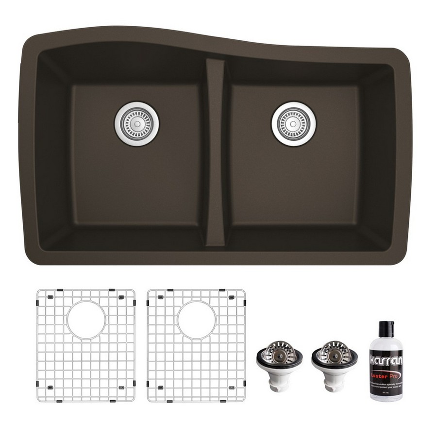 Undermount Quartz Composite 33" 50/50 Double Bowl Kitchen Sink Kit Brown Karran QU-720-BR-PK1