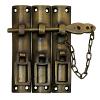 Three Piece Latch with Lock and Chain 3-1/2" x 5/8" Antique Brass Handcrafted Hardware HLA7014