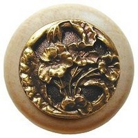 Notting Hill NHW-704N-AB, Hibiscus Wood Knob in Antique Brass /Natural Wood, Floral