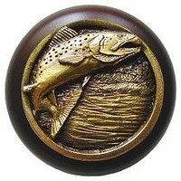 Notting Hill NHW-708W-AB, Leaping Trout Wood Knob in Antique Brass /Dark Walnut Wood, Great Outdoors