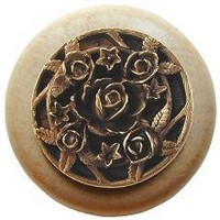 Notting Hill NHW-726N-AB, Saratoga Rose Wood Knob in Antique Brass/Natural Wood, Floral