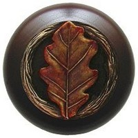 Notting Hill NHW-744W-BHT, Oak Leaf Wood Knob in Hand-Tinted Antique Brass/Dark Walnut Wood, Leaves