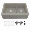Farmhouse/Apron-Front Quartz Composite 34" Double Offset Bowl Kitchen Sink Kit Concrete Karran QA-760-CN-PK1