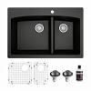 Drop-In Quartz Composite 33" 60/40 Double Bowl Kitchen Sink Kit Black Karran QT-711-BL-PK1