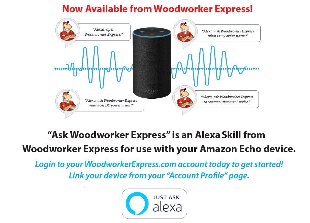 Now available from Woodworker Express... Ask Woodworker Express Alexa tool ad 