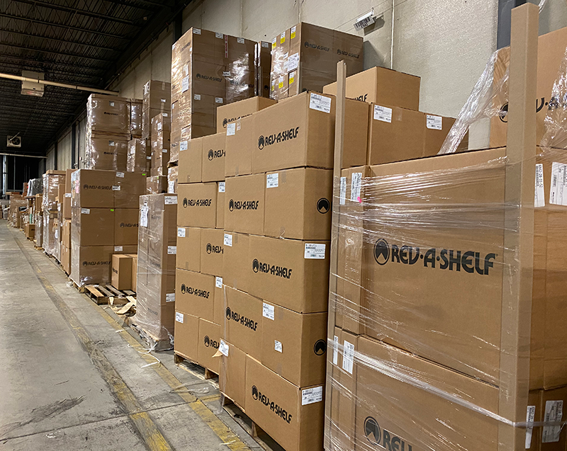 Photo of warehouse showing abundance of Rev-A-Shelf products - image link opens in new window